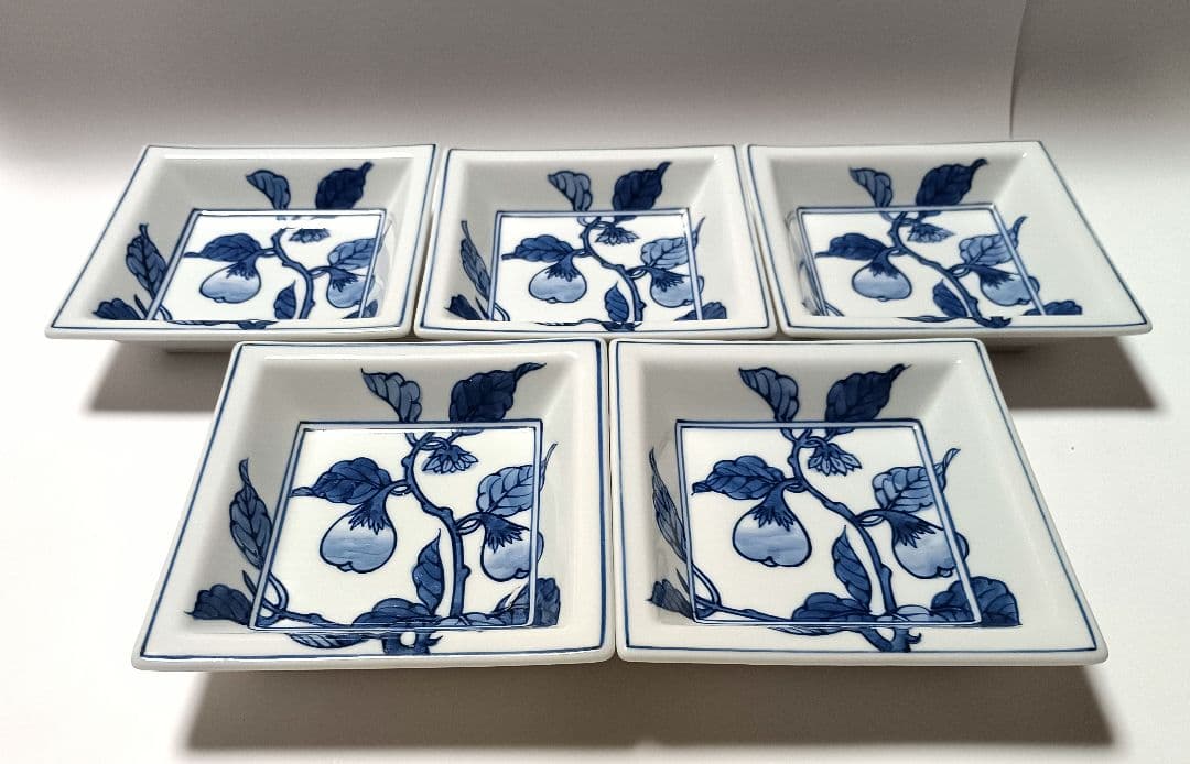 源右衛門窯 染付 茄子絵 四角 銘々皿 5枚組