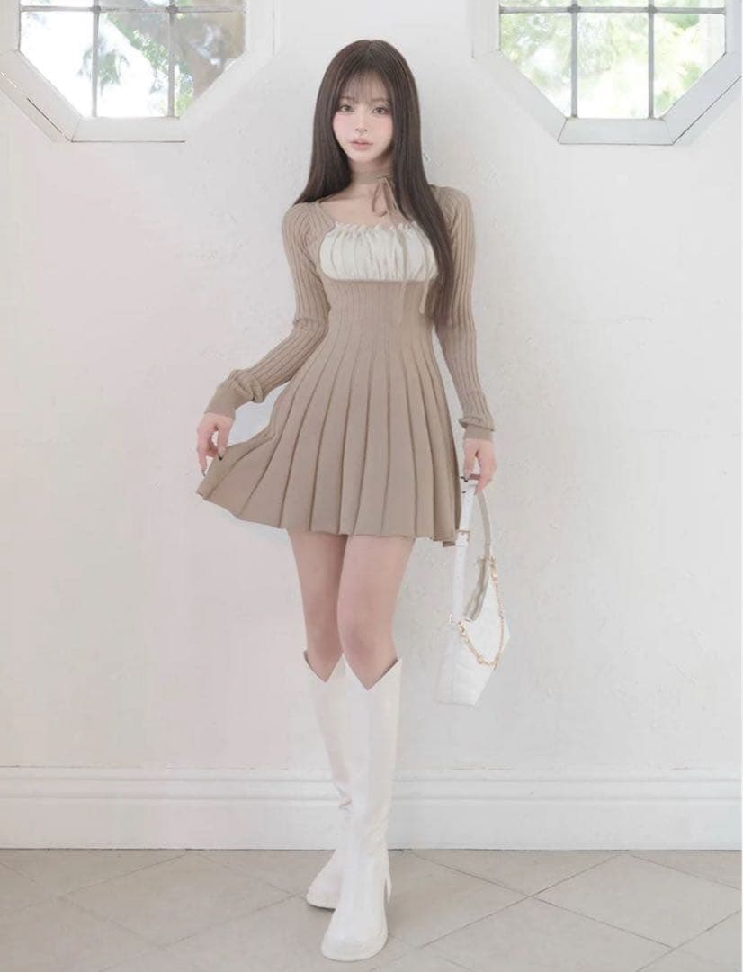 ネックリボンデザイン フレアニットミニワンピースDarich