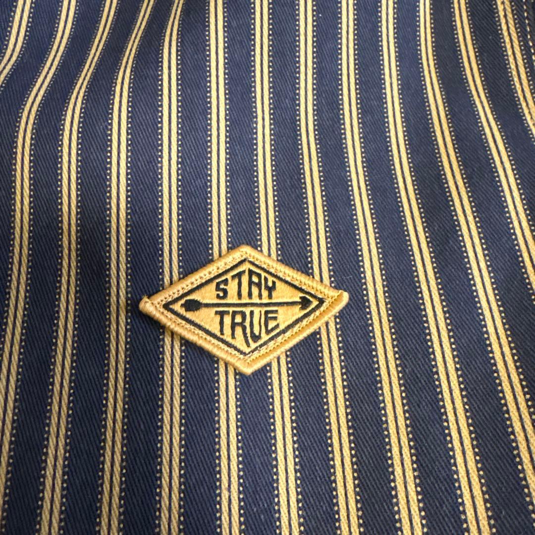 Karaku 刺繍コーデュロイ切替裏フリースストライプシャツ