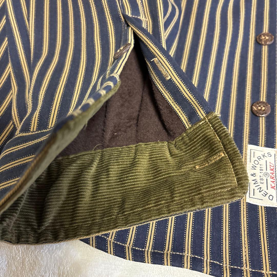 Karaku 刺繍コーデュロイ切替裏フリースストライプシャツ