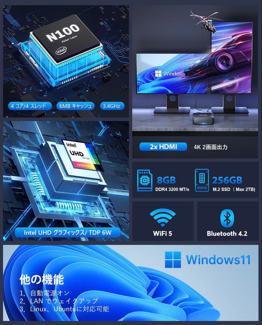 ミニpc n100 高速動作mini pc n100 最大3.4GHz 4C4T