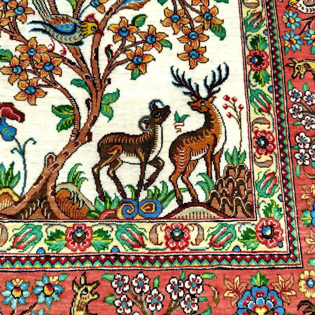 【ツリーマンション】ペルシャ絨毯　シルク手織り　動物パラダイス　高級極美品