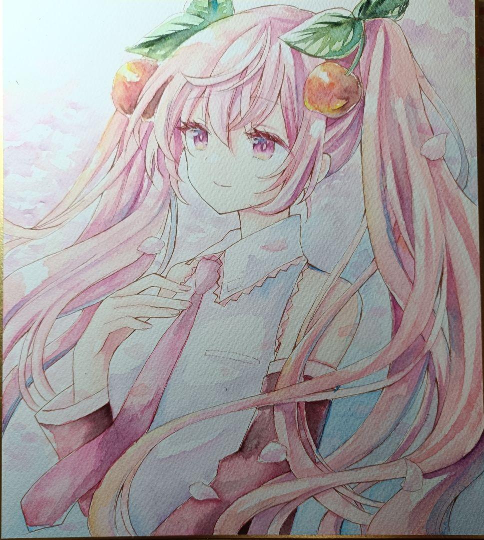 水彩画 オレンジ髪飾りの少女 A4サイズ