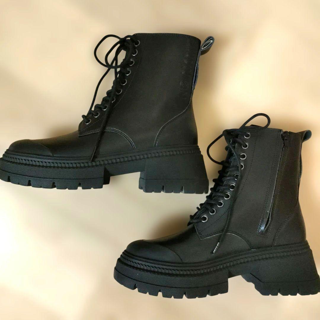 NO NAME レースアップ ブーツ サイドジップ 黒 40 ロゴ 厚底