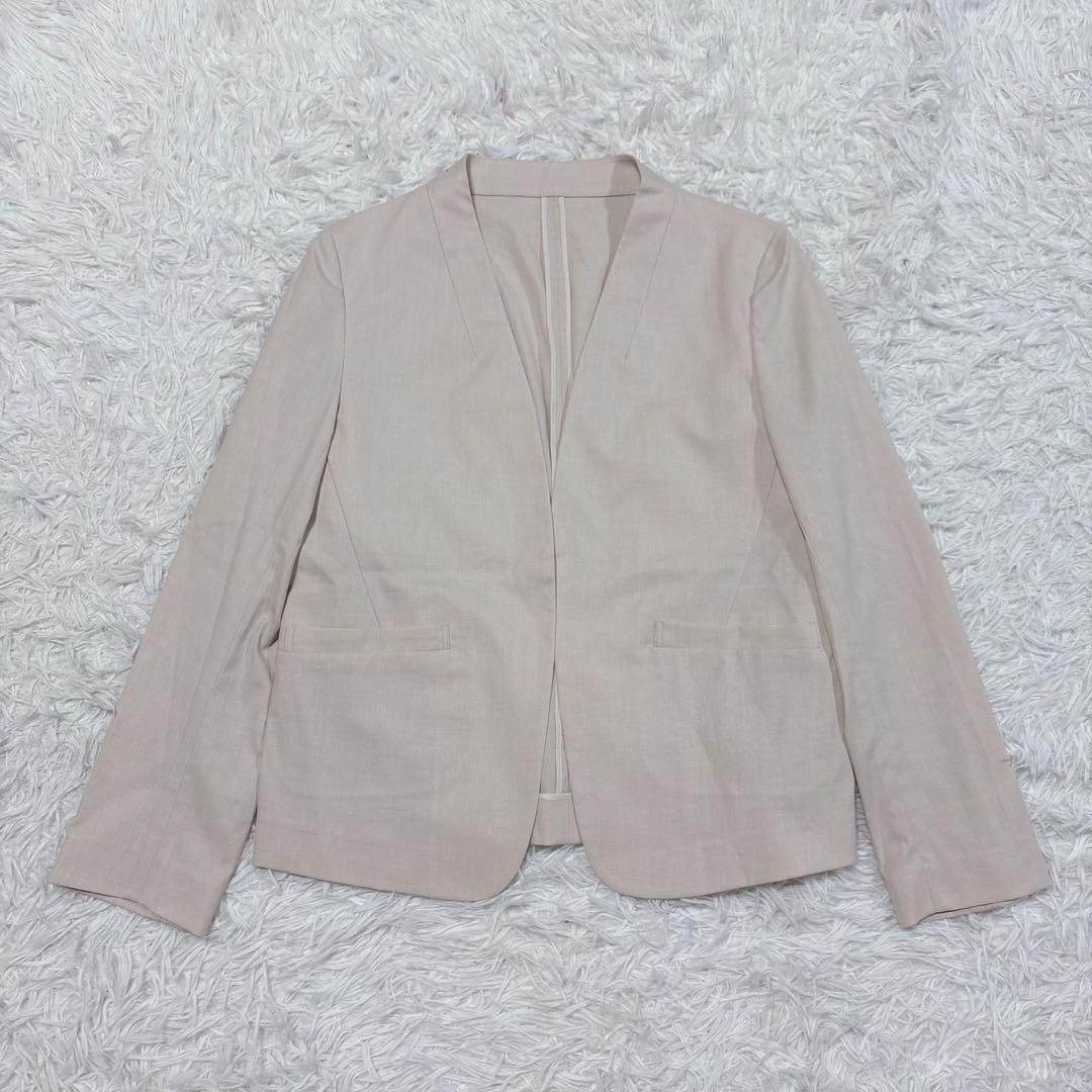 シップス ノーカラー　スーツセットアップ アイボリー ピンク　リネン　38 M