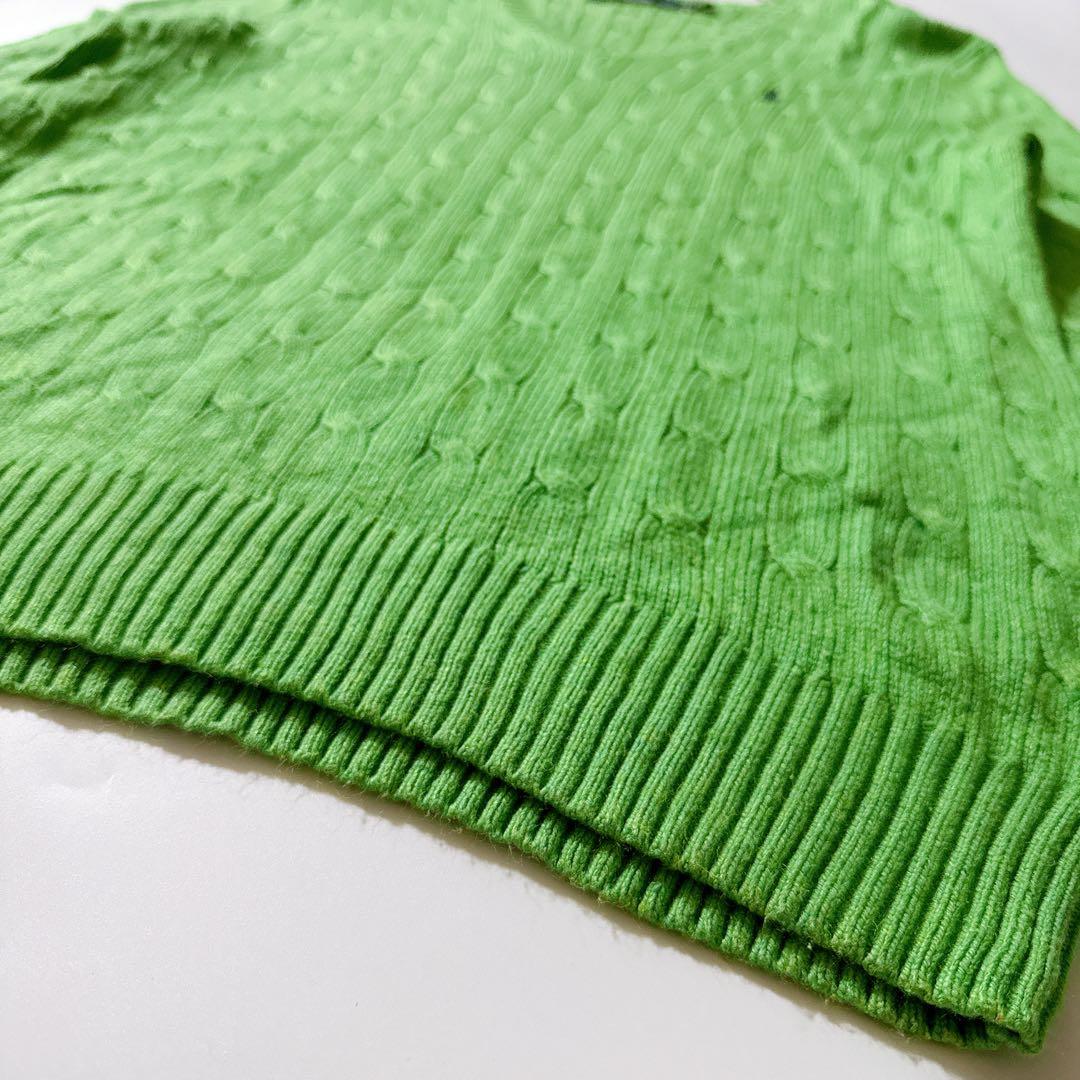 シルク100✨ポロバイラルフローレン Vネックケーブルニット ポニー L 緑