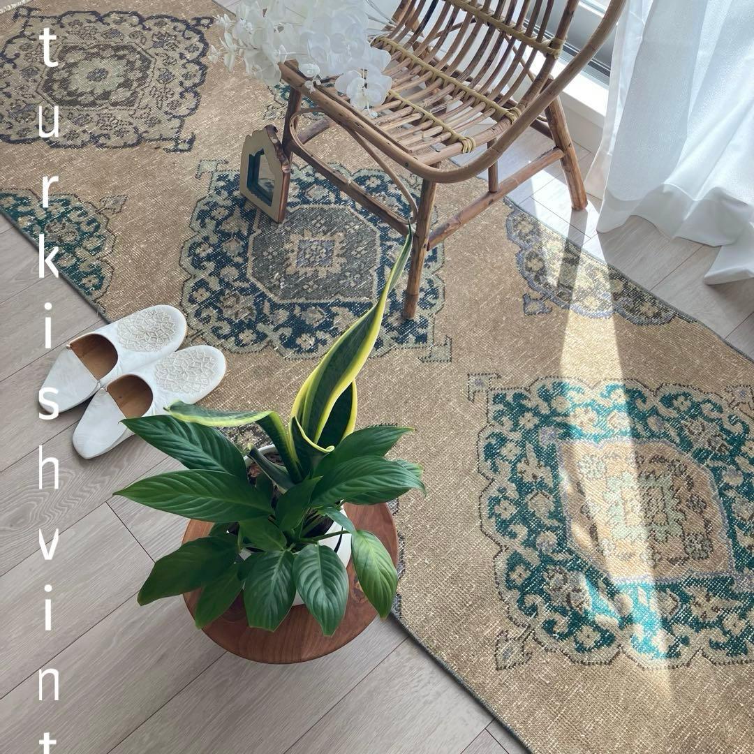 人気キャラメルベージュ68×208 ランナー　グリーン　トルコヴィンテージラグ