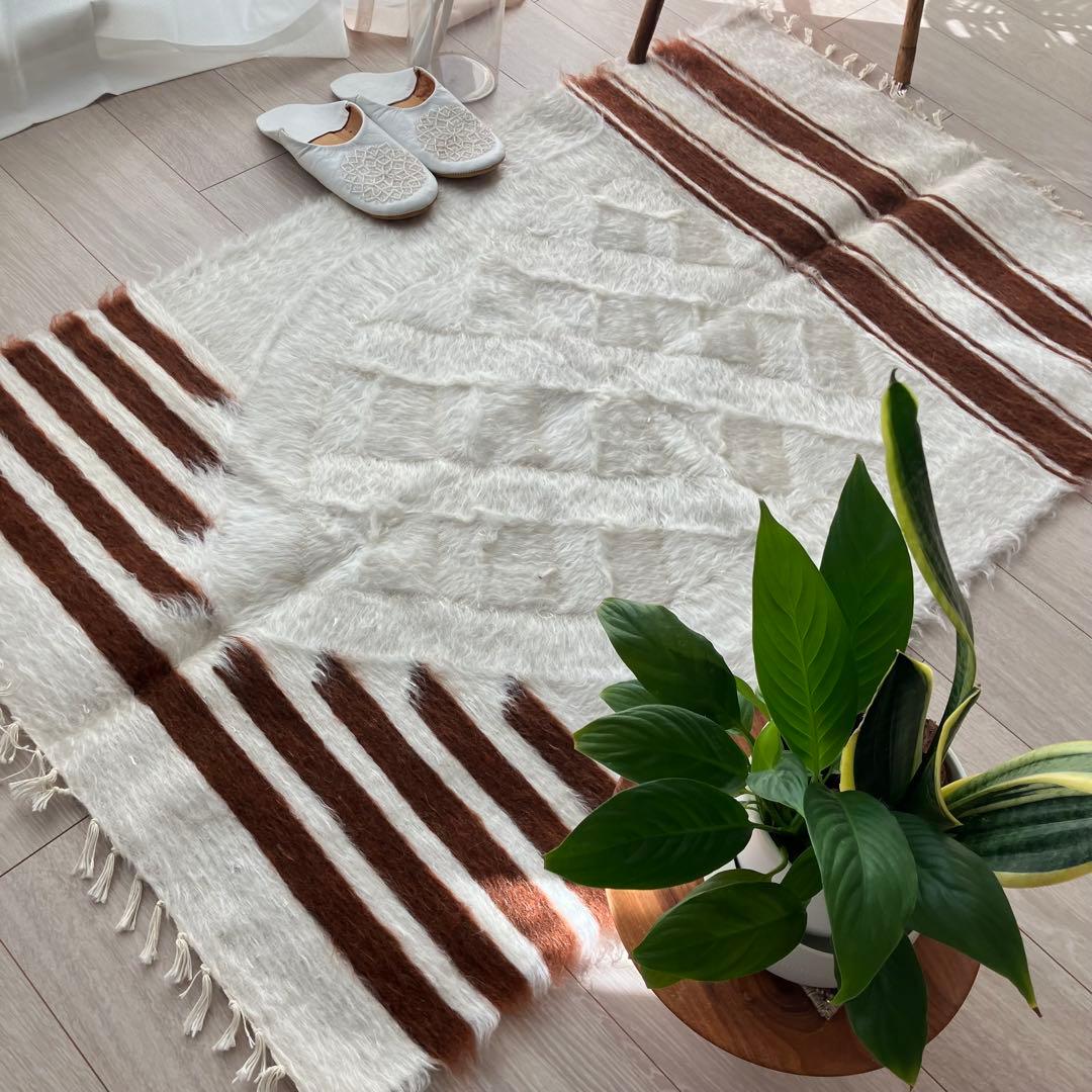 新品wool100％　オフホワイトチョコ　バッターニエ　トルコヴィンテージラグ