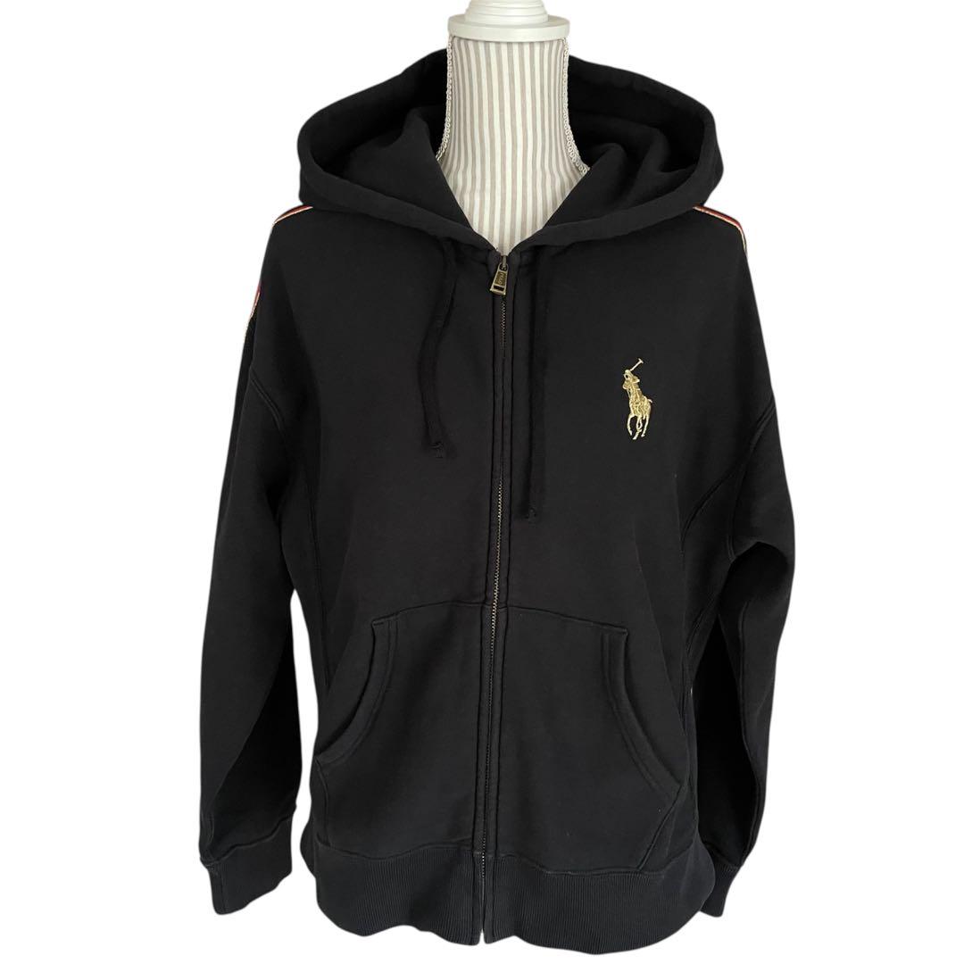 ポロラルフローレン　M ゴールドビッグポニー　ロゴライン フルジップパーカー　黒