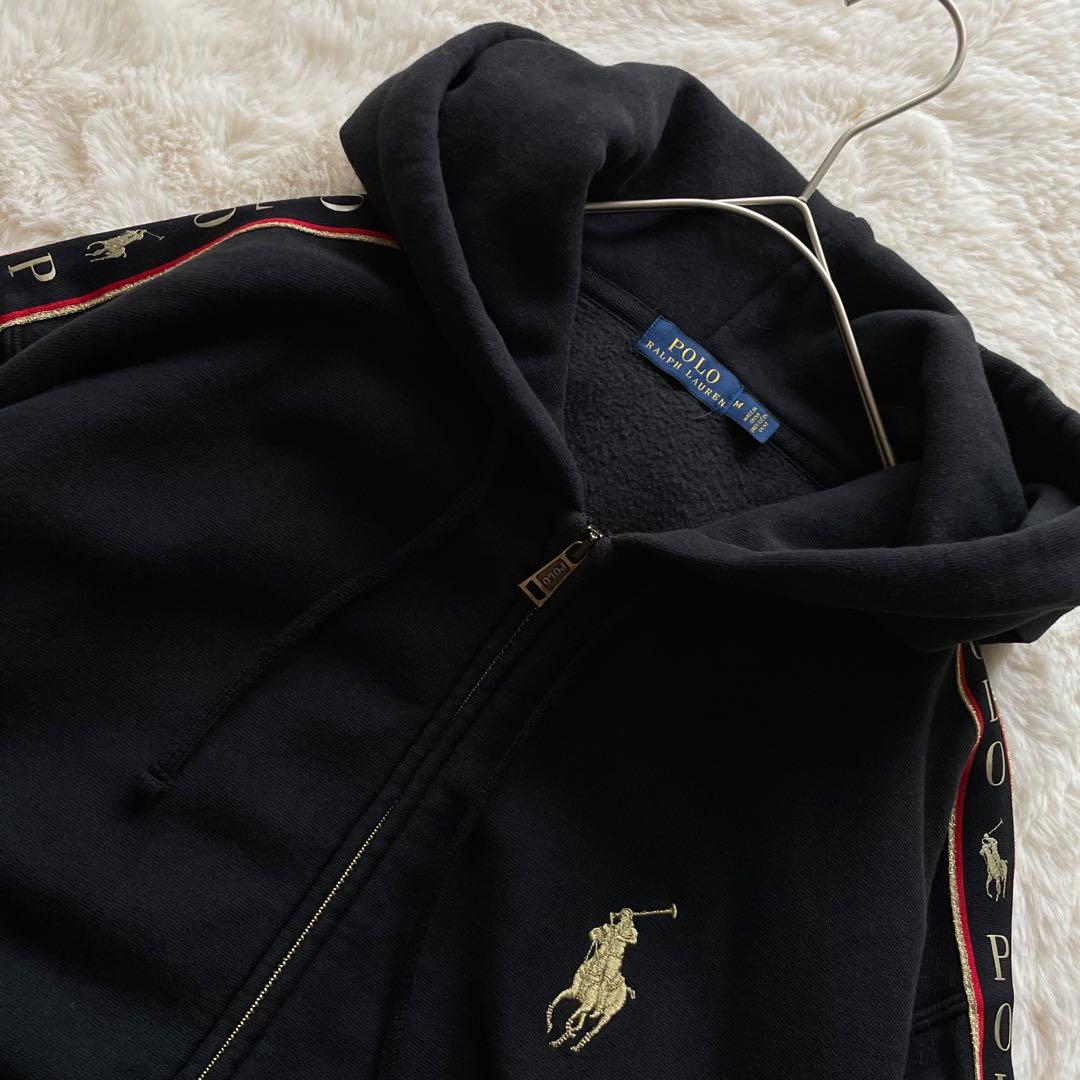 ポロラルフローレン　M ゴールドビッグポニー　ロゴライン フルジップパーカー　黒