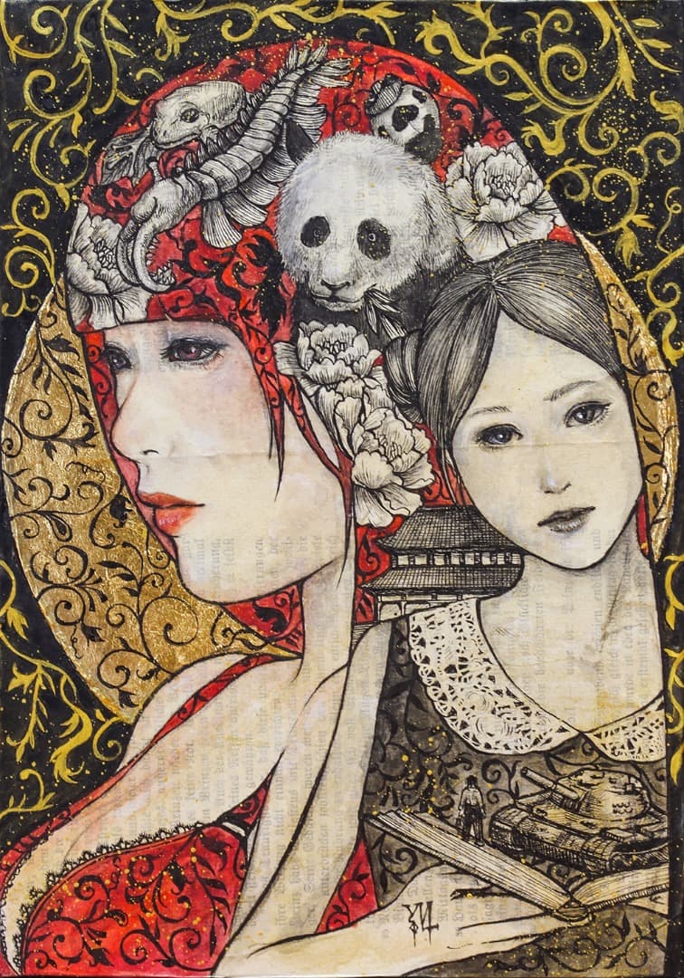 手描き絵画「広場の出来事」日本画　オリジナル　原画