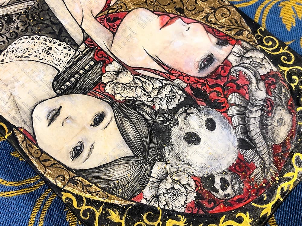 手描き絵画「広場の出来事」日本画　オリジナル　原画