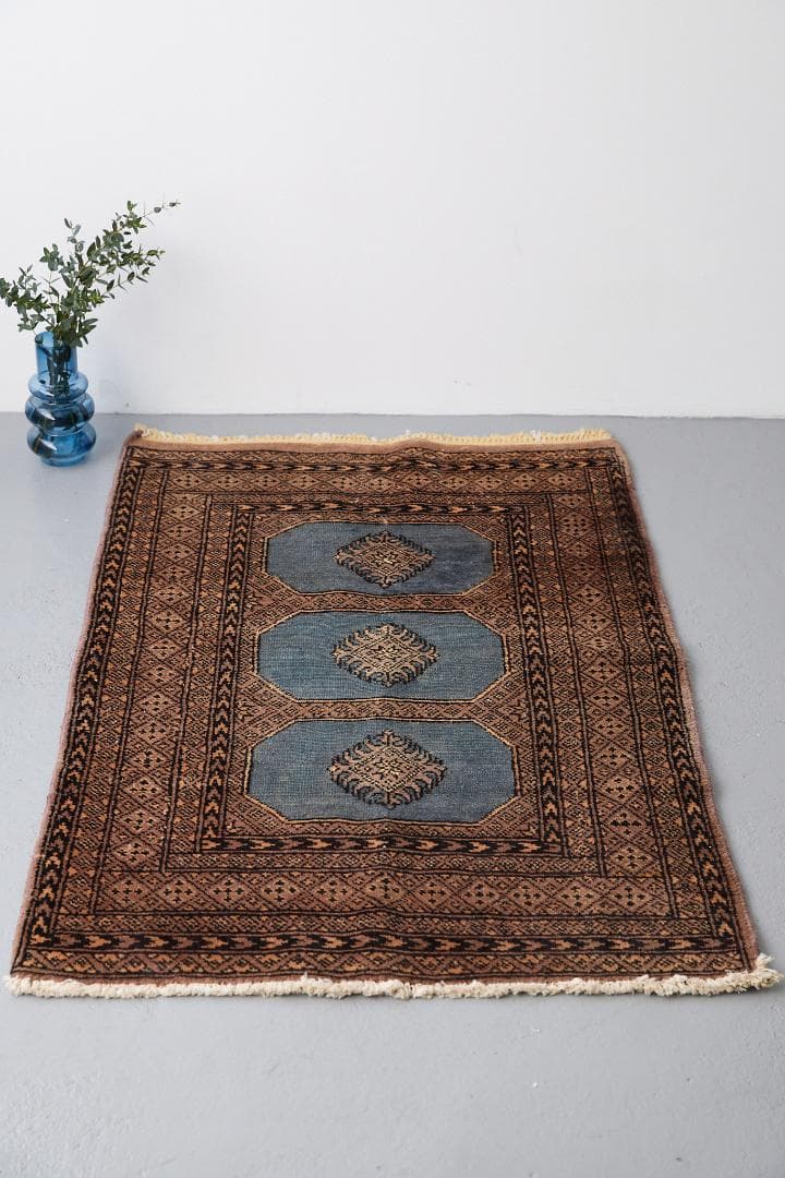 ヴィンテージラグ　トライバルラグ　ラホール産（119×76cm）青　茶　グレー