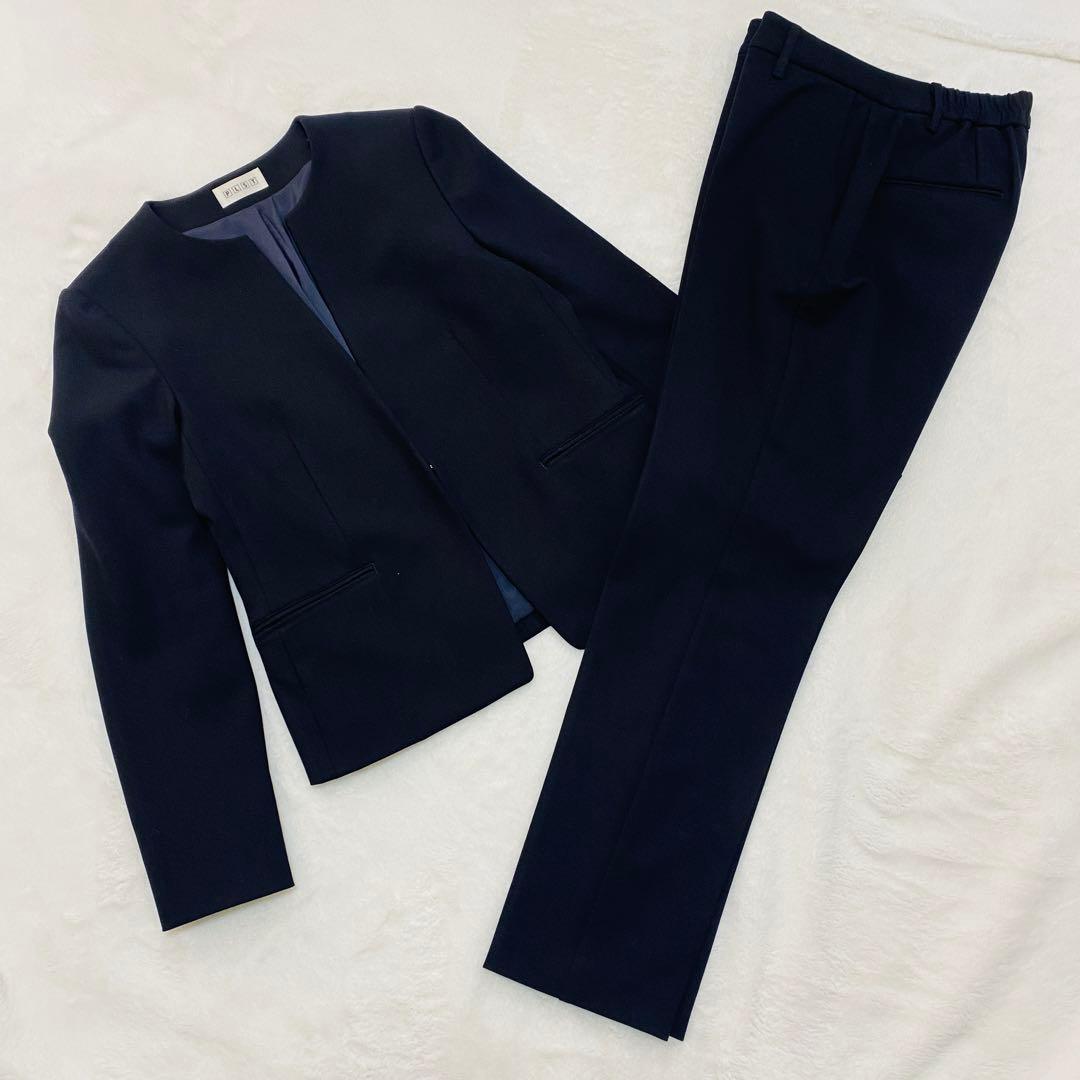 プラステ ノーカラージャケット パンツスーツ セットアップ ネイビー 上M下L
