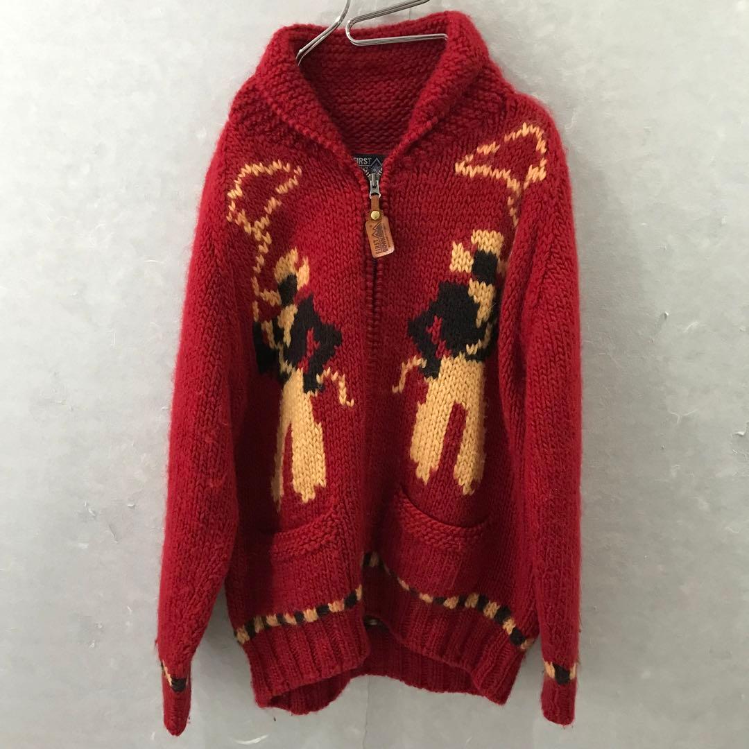 90s FIRST DOWN カウボーイ カウチン ニット ヴィンテージ M 赤