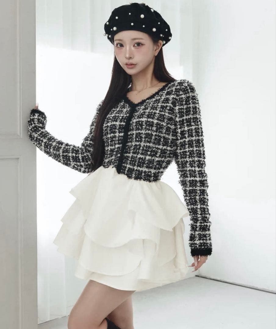 【Darich】ボリュームフリルツイードニットミニワンピース　FL