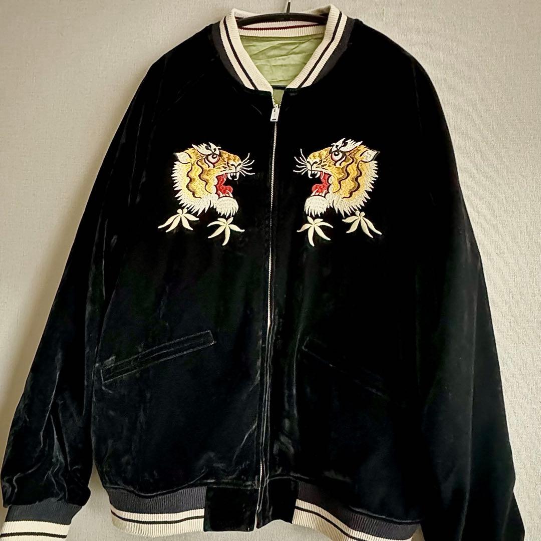 【2XL】オーバーサイズ リバーシブル別珍虎とサテン鷹刺繍 Japanスカジャン