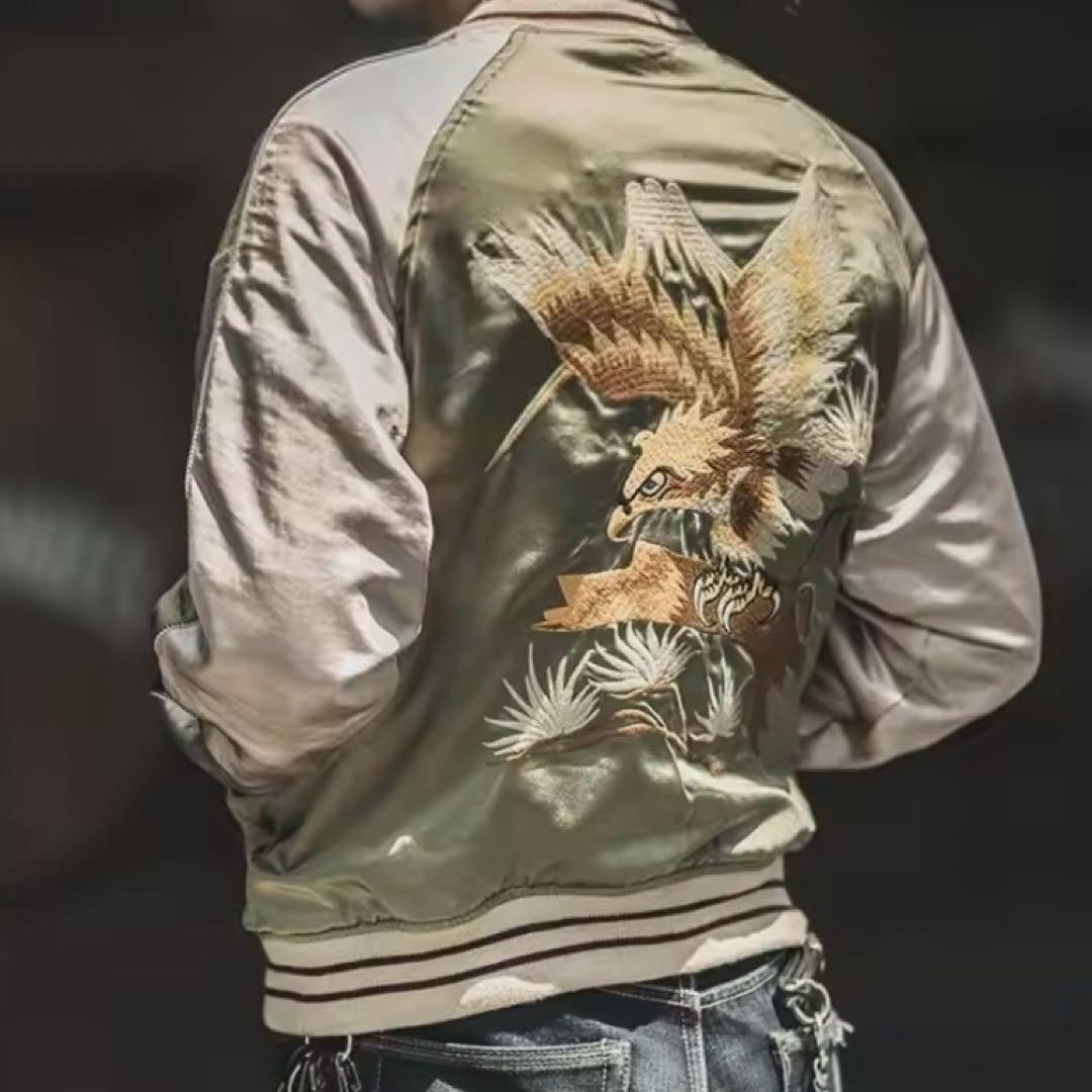 【2XL】オーバーサイズ リバーシブル別珍虎とサテン鷹刺繍 Japanスカジャン