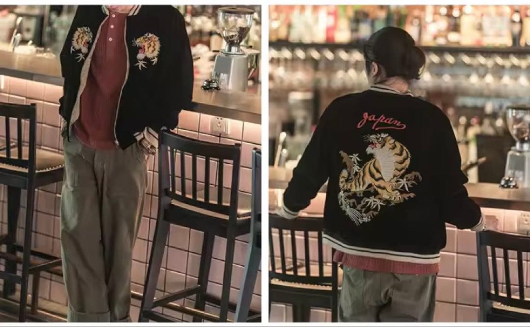 【2XL】オーバーサイズ リバーシブル別珍虎とサテン鷹刺繍 Japanスカジャン