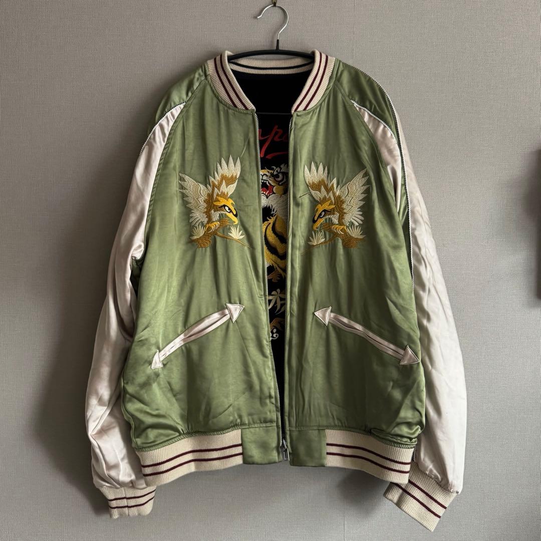 【2XL】オーバーサイズ リバーシブル別珍虎とサテン鷹刺繍 Japanスカジャン