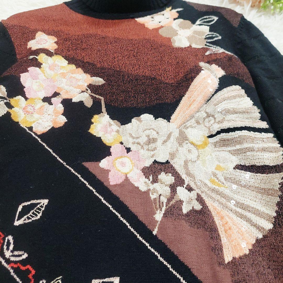 美品 レオナール カシミヤ ウール シルク タートルネック 花柄 和柄 ニット
