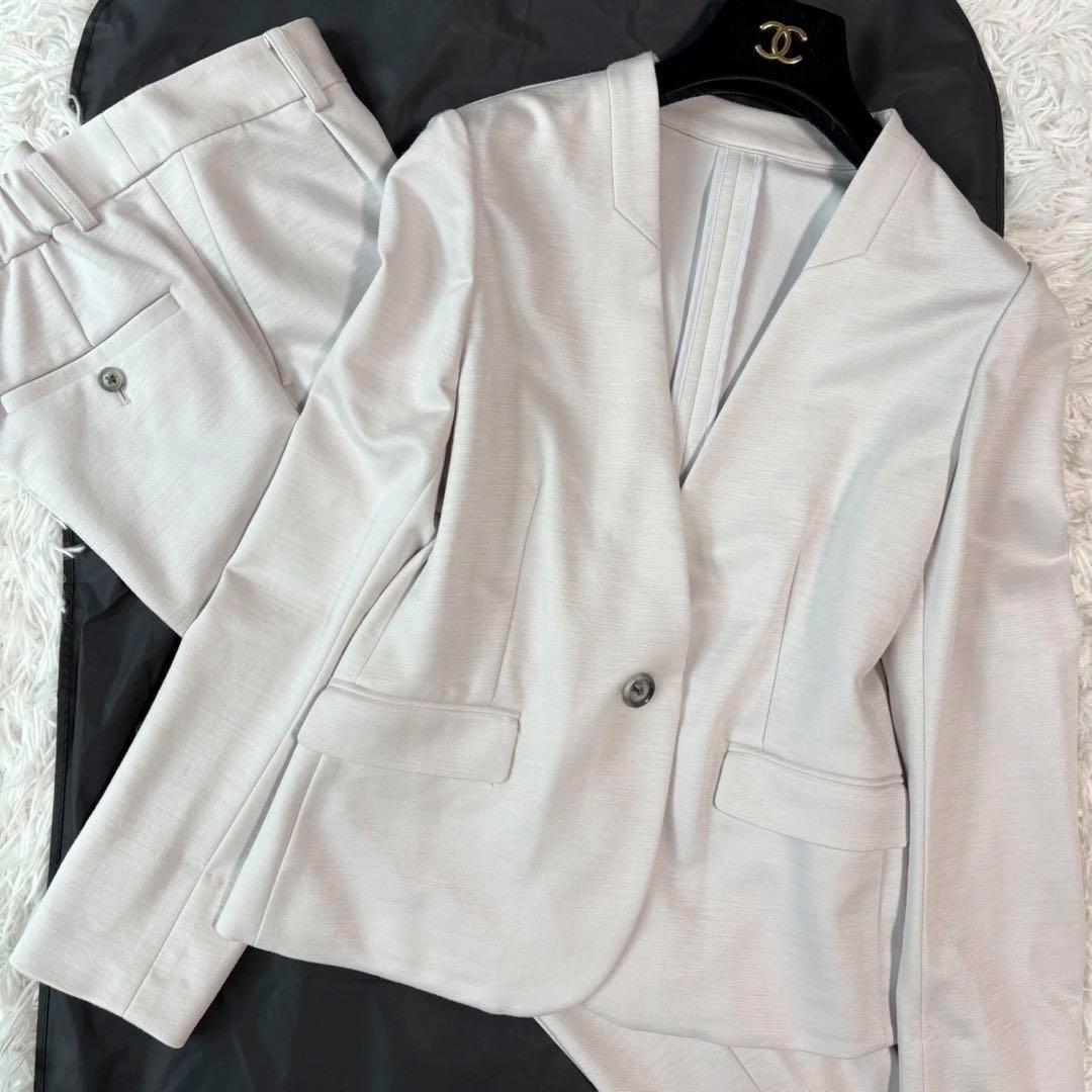 ✨極美品 リネン✨グリーンレーベルリラクシング パンツスーツ ノーカラー 白