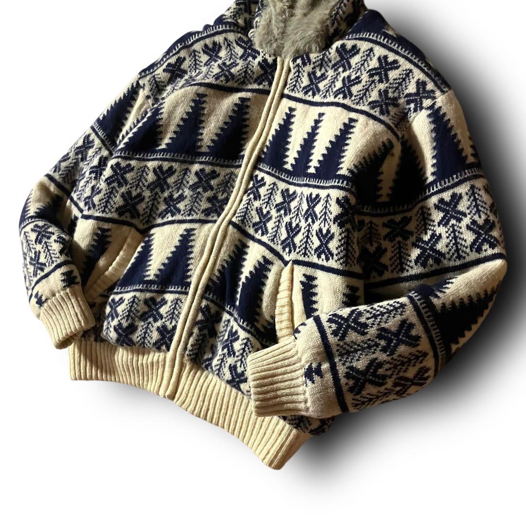 BLAIZE様☆ノルディック柄カウチンニットセーター総柄ファーフーディジップアッ