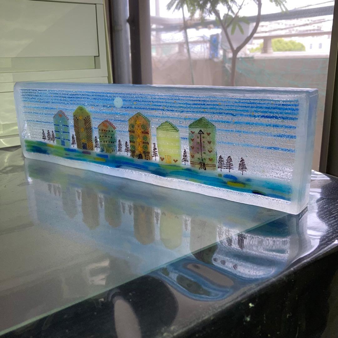 ガラス工芸品　ガラスアート　アートオブジェ　クラフト　透明な風景　ブルー