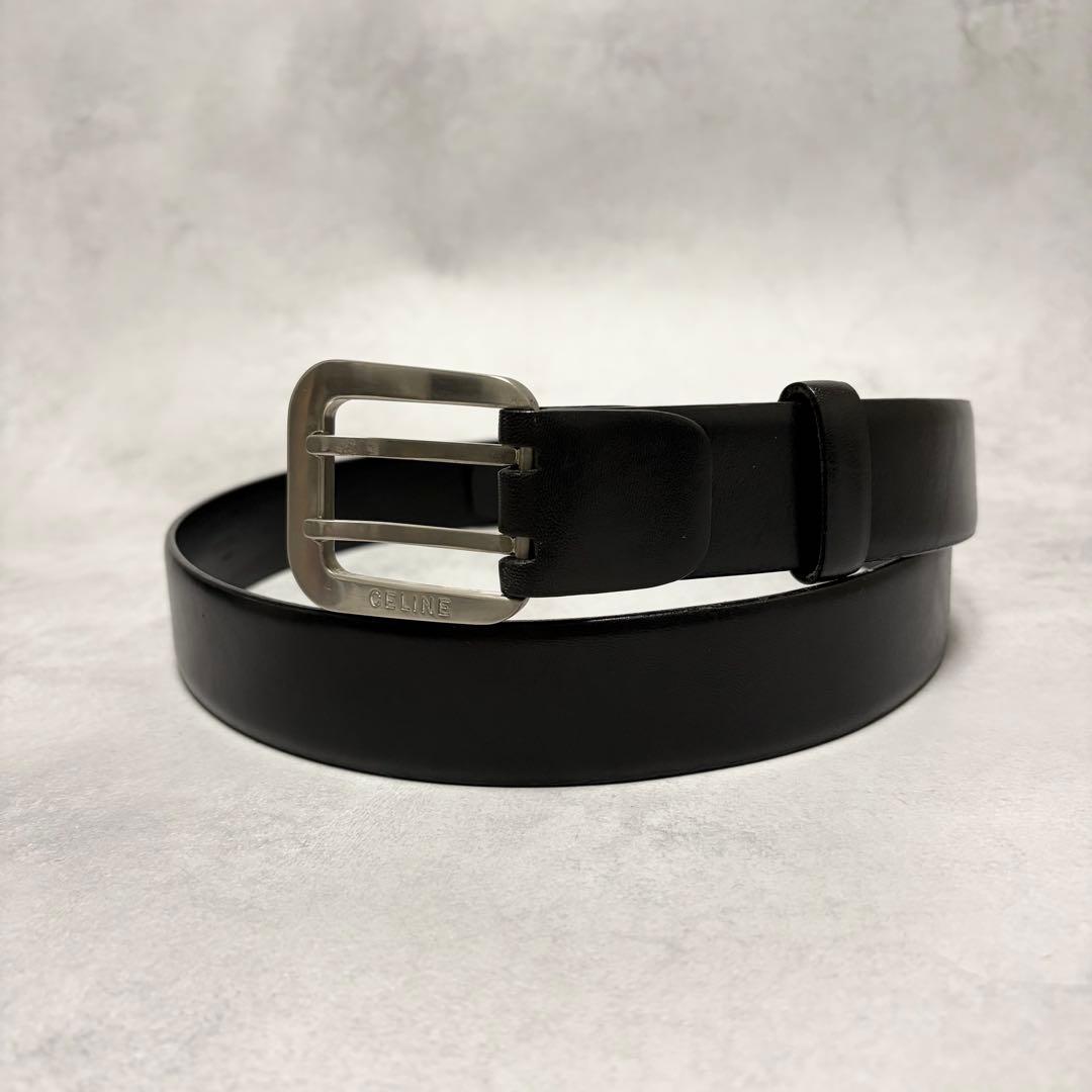 【美品✨希少】CELINE メンズ　ベルト　ダブルピン　レザー　黒　ロゴ刻印