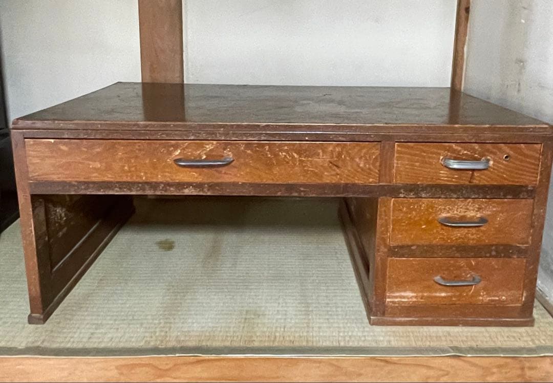 昭和レトロ 古家具 木製文机 4引き出し付き座卓 書斎机 ビンテージ