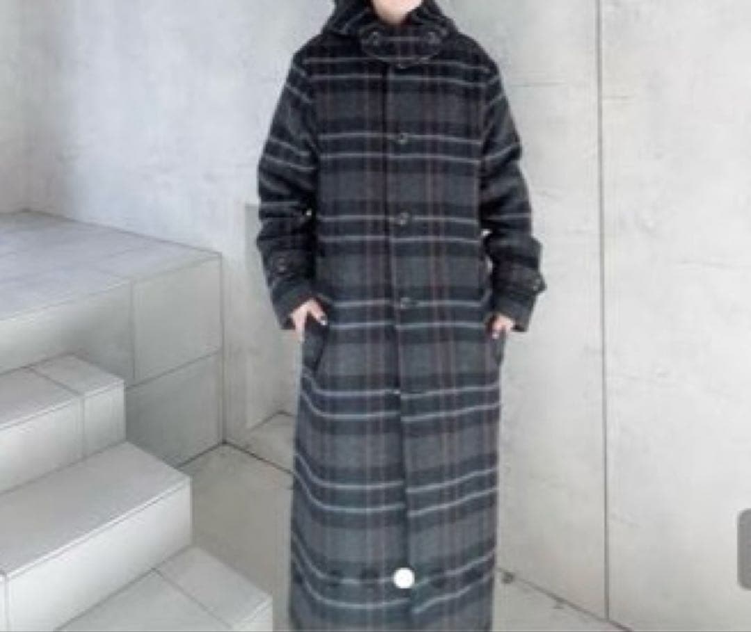 メゾンレネー　チェック　フード　ロングコート