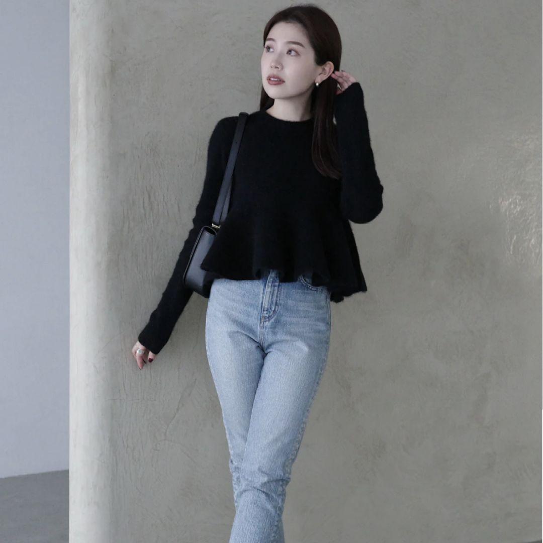 anuans ペプラムショートニットトップス 黒　1