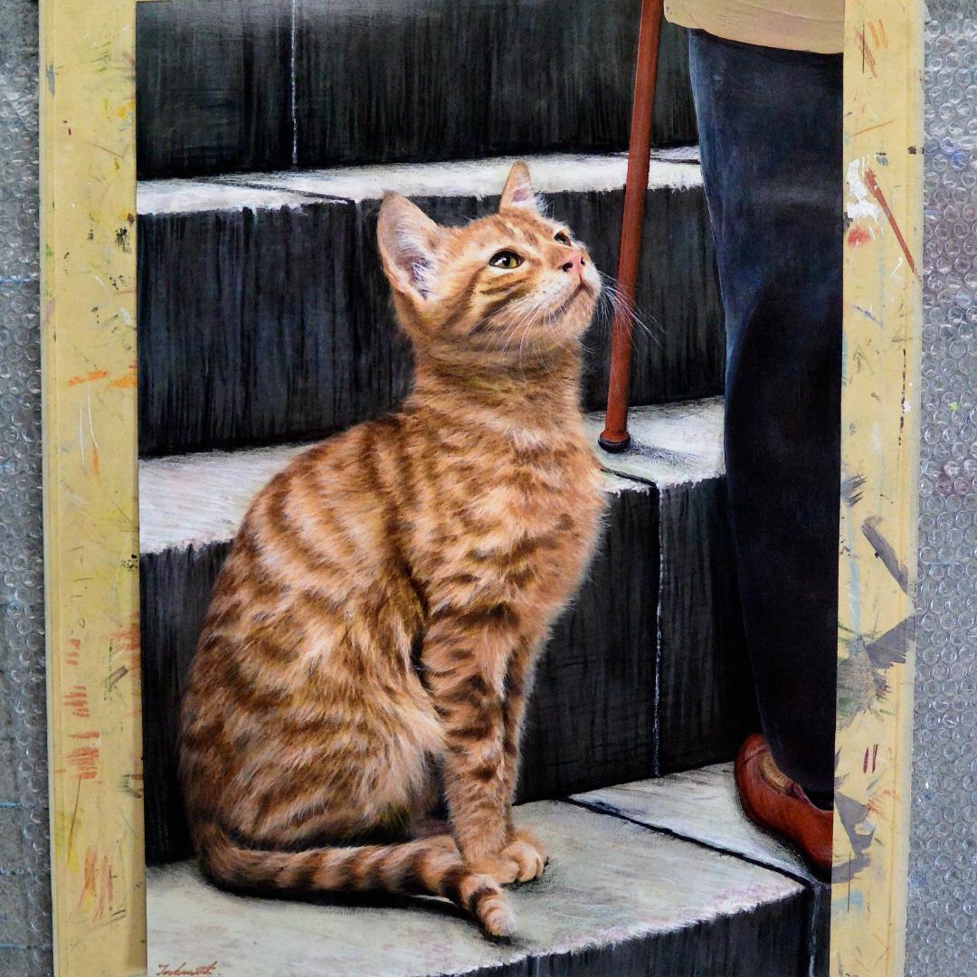 アクリル画　石段で見守る猫　Ａ２
