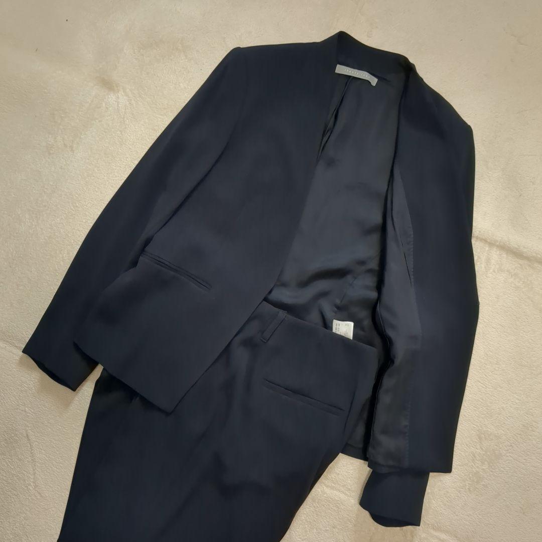 美品 セオリーリュクス パンツスーツセットアップ ノーカラー ネイビー