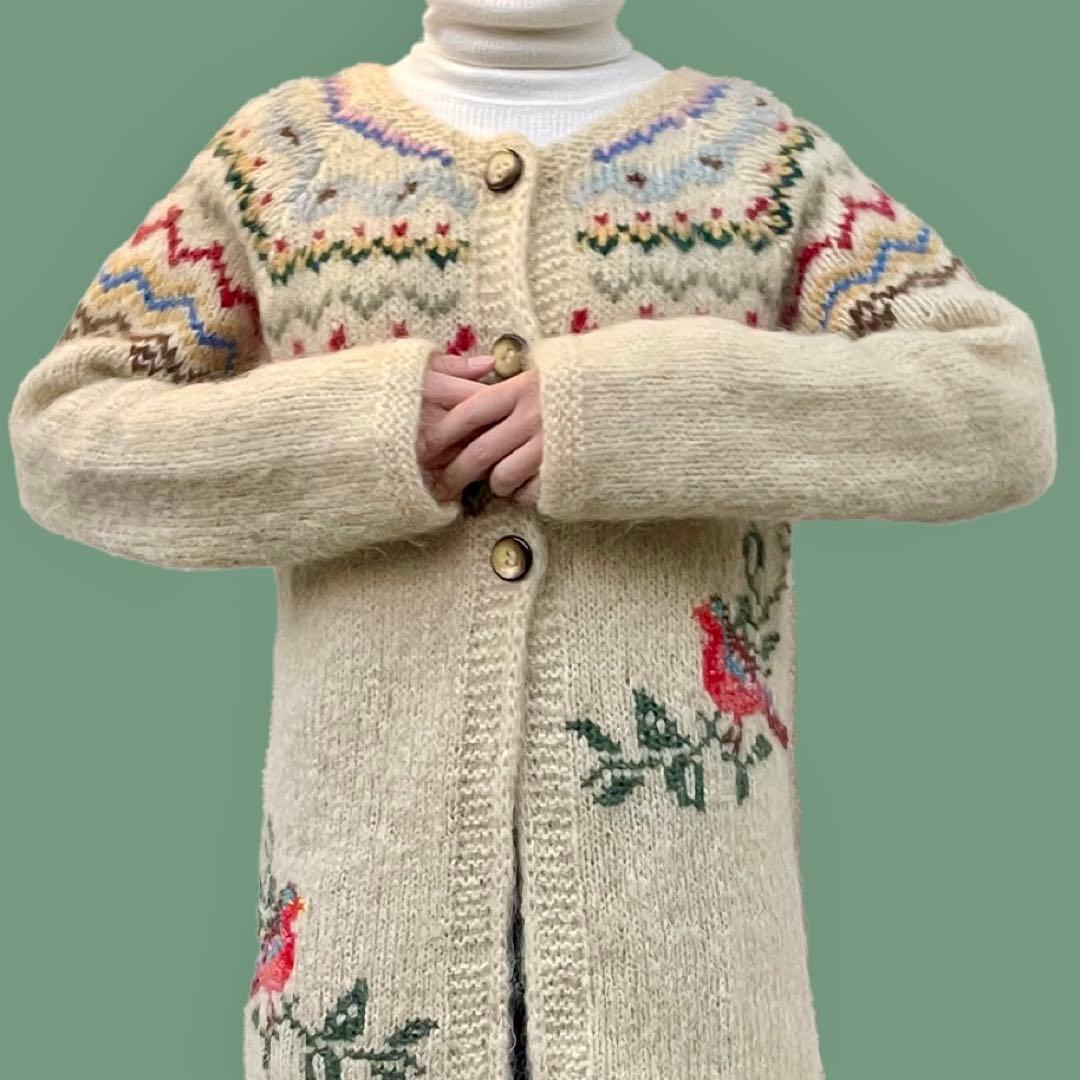 70s ユーロ ヴィンテージ クリーム色 ニット 古着 鳥刺繍 手編み 民族衣装