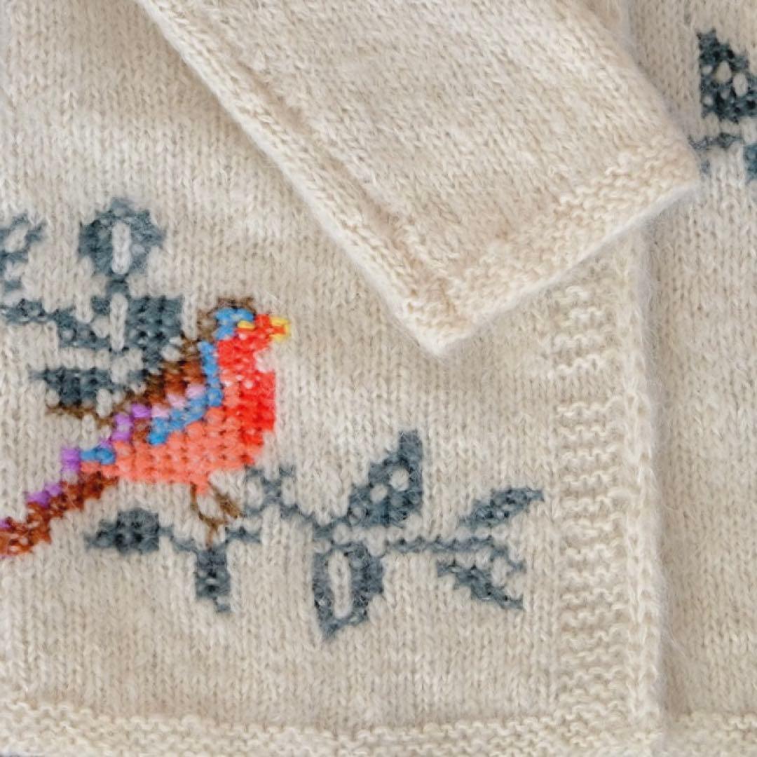 70s ユーロ ヴィンテージ クリーム色 ニット 古着 鳥刺繍 手編み 民族衣装