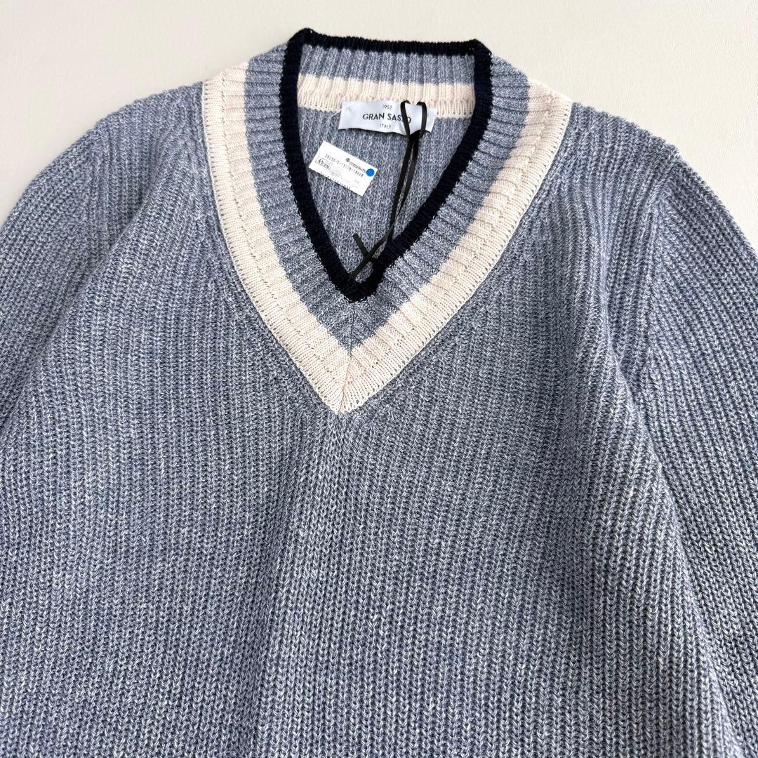 新品タグ付き✨グランサッソ✨Vネックリネンセーター（M）ブルー　イタリア製