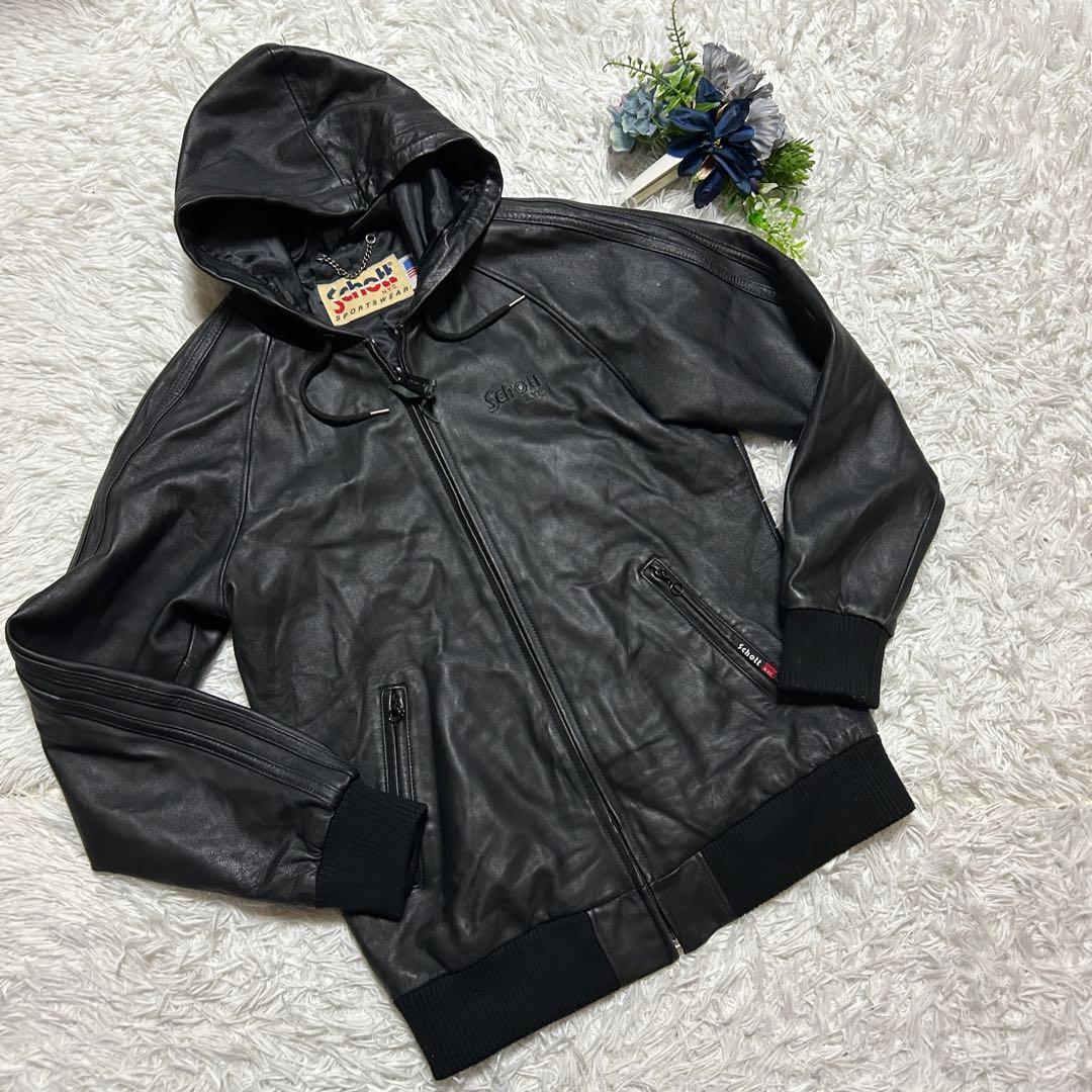 【美品】Schott ショット ラム レザージャケット トラックフーディー 黒