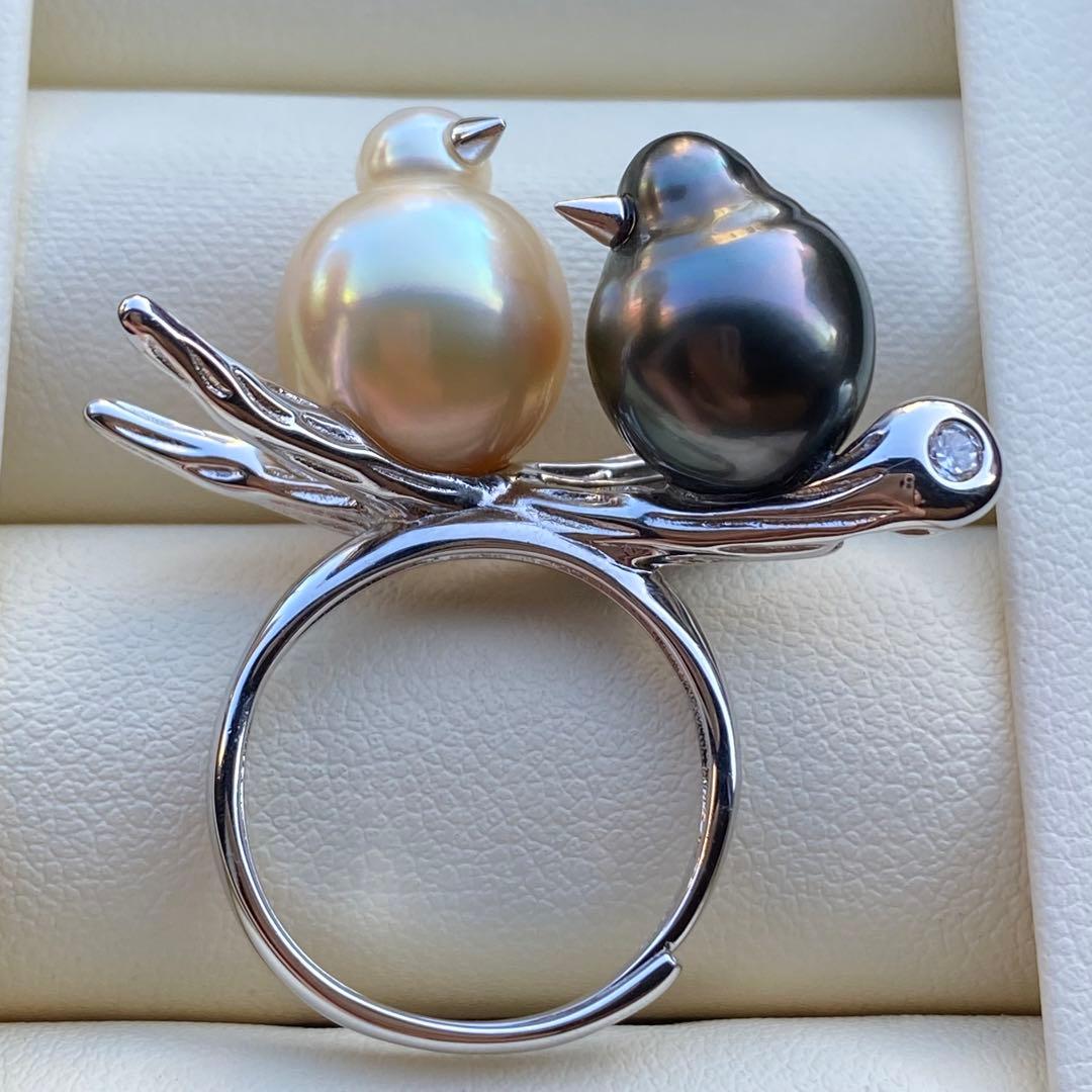 本真珠　南洋黒蝶真珠&白蝶真珠ダブルリング「鳥と枝」グリーンゴールドL1268