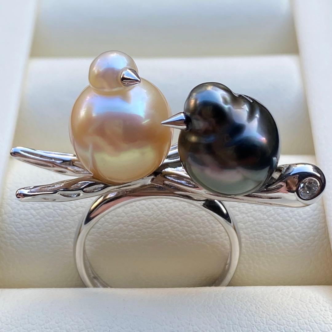 本真珠　南洋黒蝶真珠&白蝶真珠ダブルリング「鳥と枝」グリーンゴールドL1268