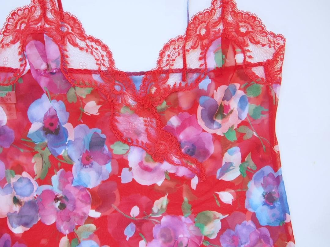 定価6万★フランス製Sybaris★シフォン赤レースシバリススリップヴィンテージ