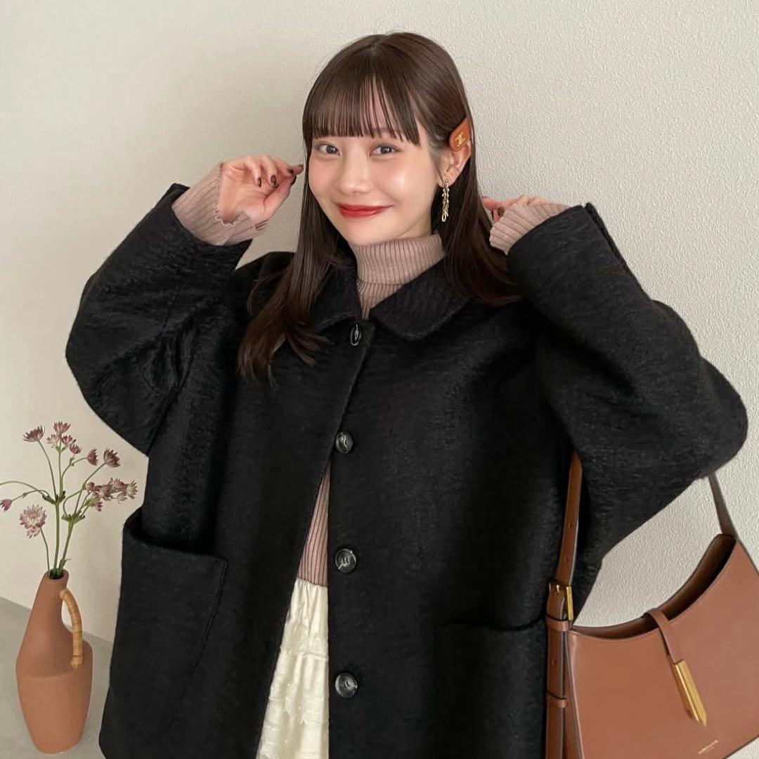 hinari ステンカラーシャギーミドルコート　ブラック　タグ付き　新品未開封