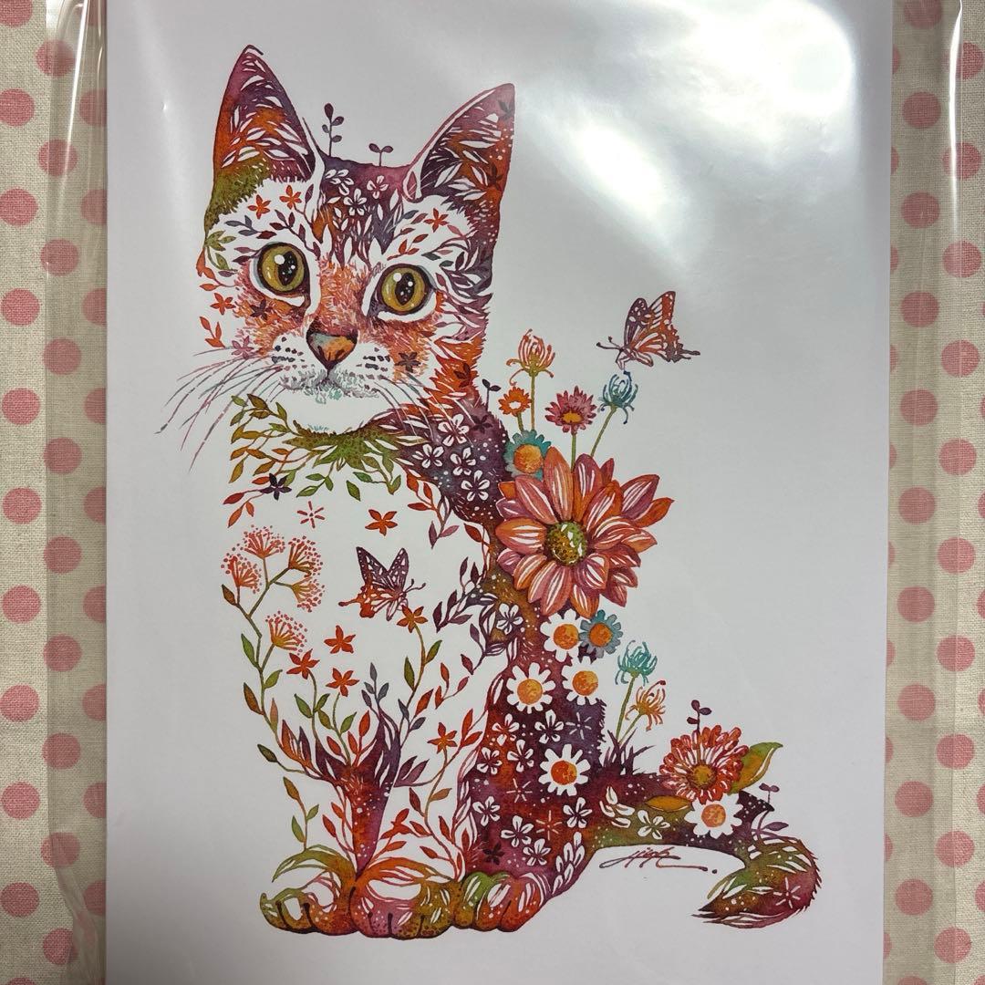タケダヒロキさん　花猫　木製パネルイラスト