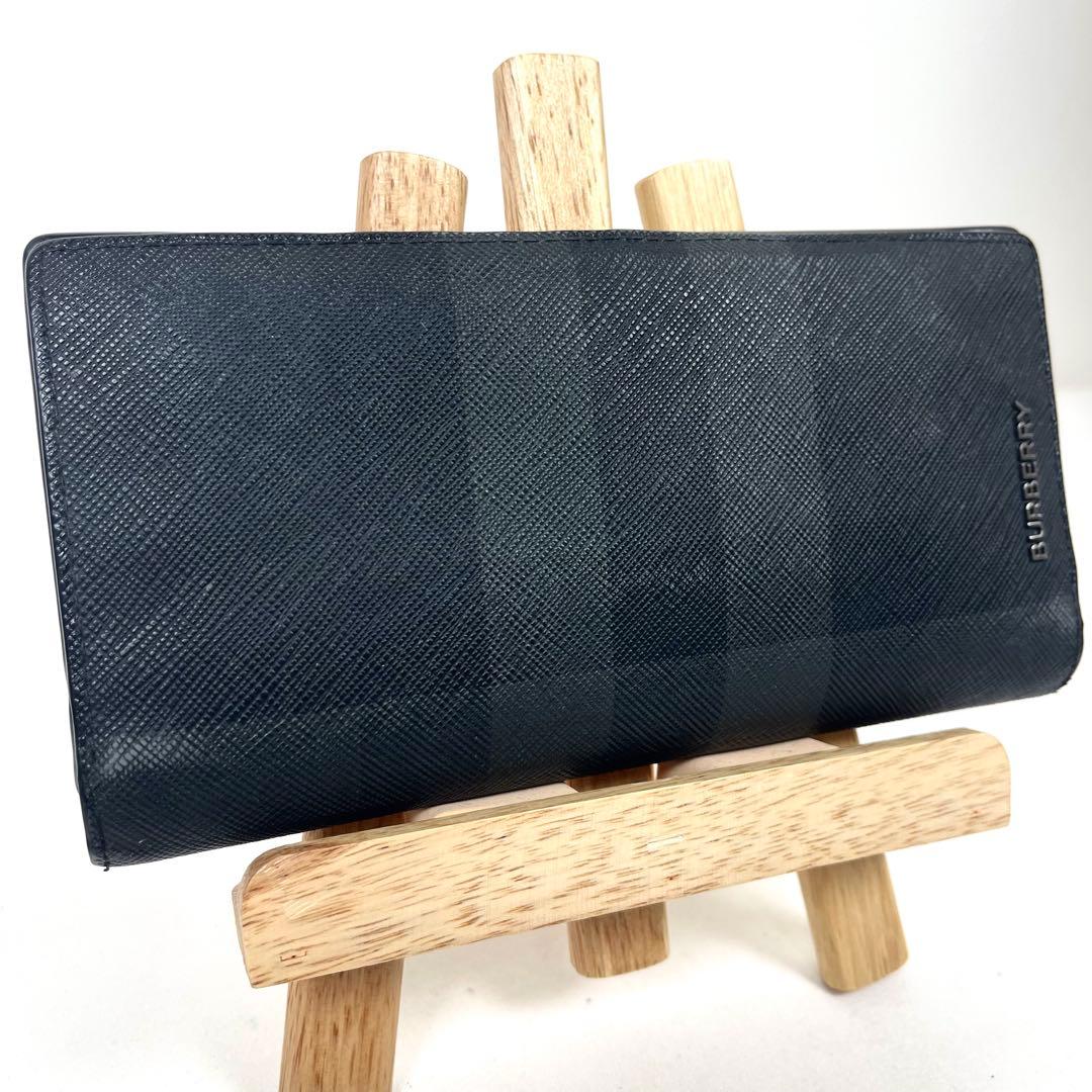 バーバリー　長財布　シャドーチェック　ロゴプレート　二つ折り　レザー　ブラック