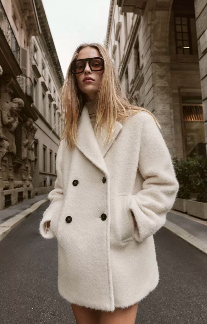 ZARA ブークレダブルブレストミディ丈コート エクリュ ザラ アウター コート