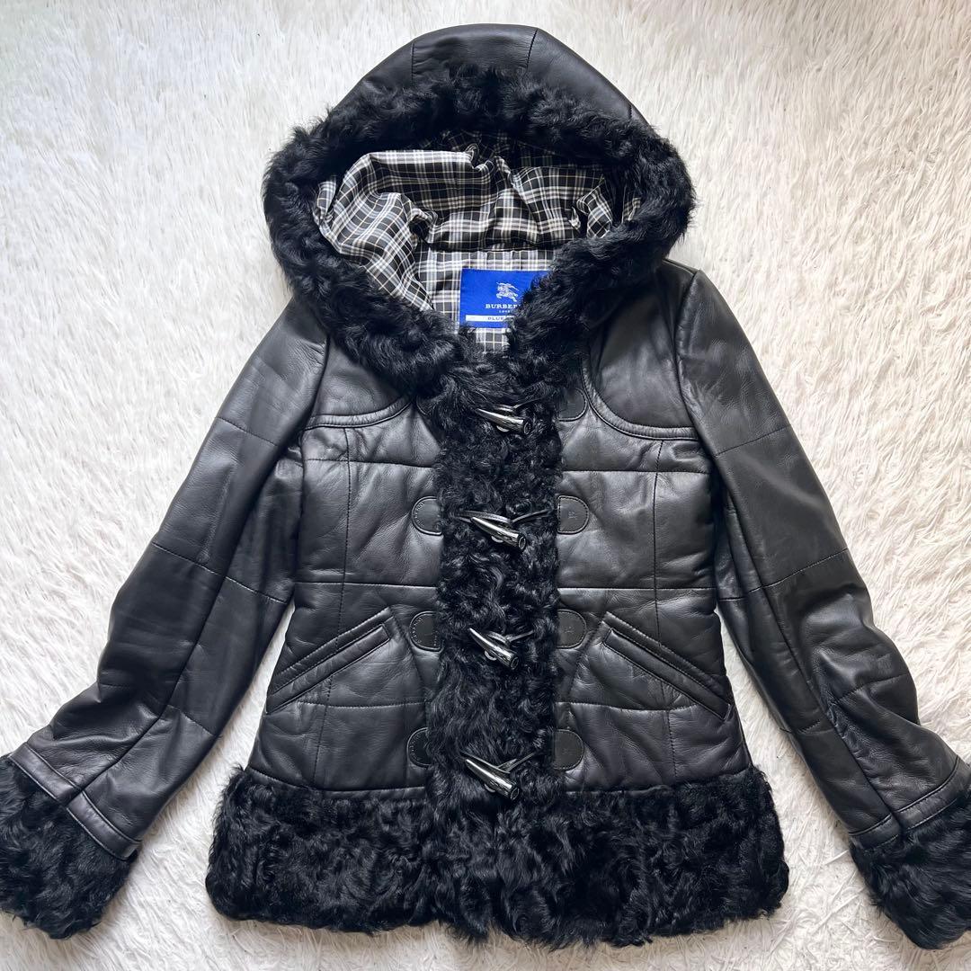 美品　バーバリーブルーレーベル　羊革　レザー　チェック柄　ラムファー　38