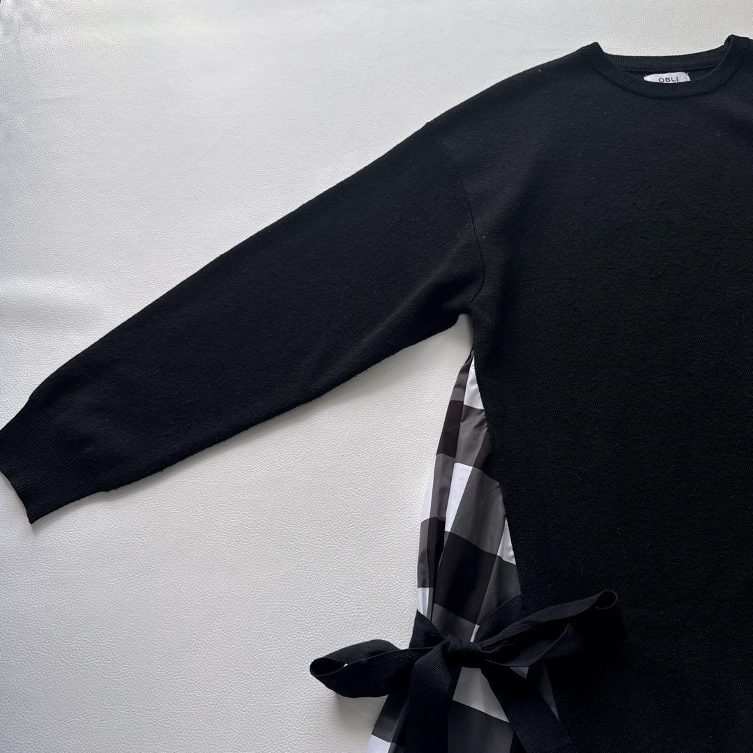 りさ様！！！！！ オブリ　ニットドッキングワンピース　　チェック柄　黒　リボン