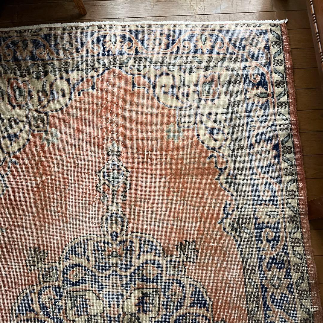 伝統ネイビー118×197シャビーオレンジ　メダリオン　トルコヴィンテージラグ