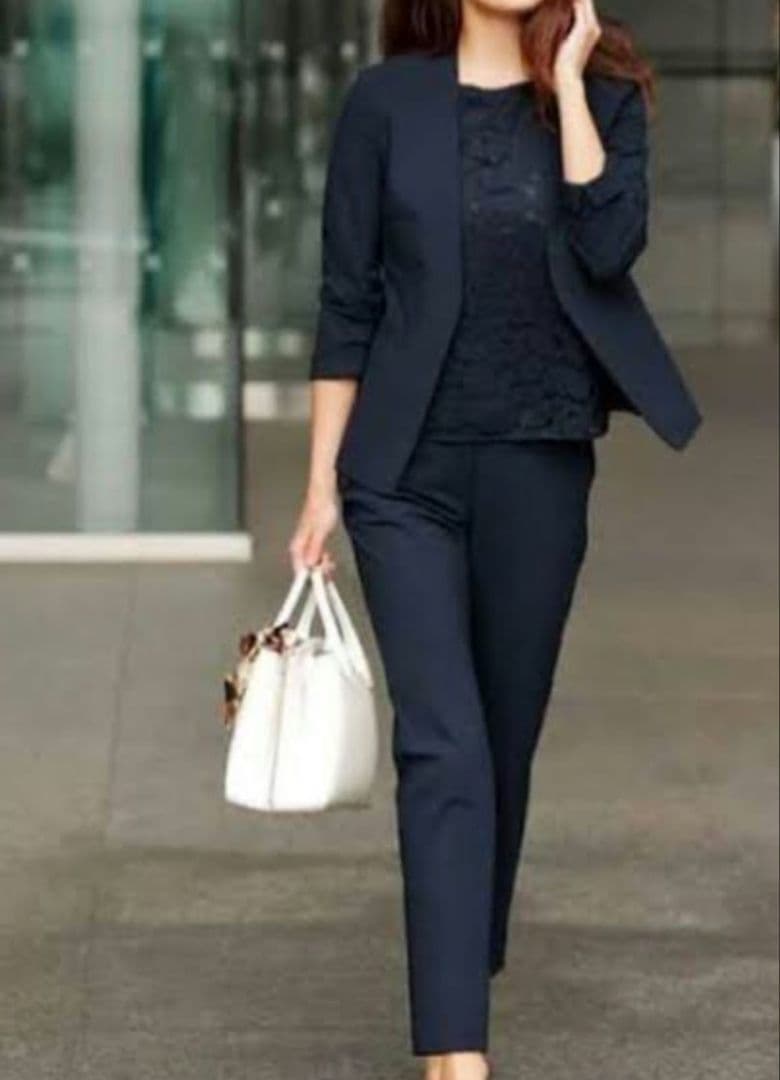 プラステノーカラージャケットパンツセットアッネイビーMサイズセレモニービジネス