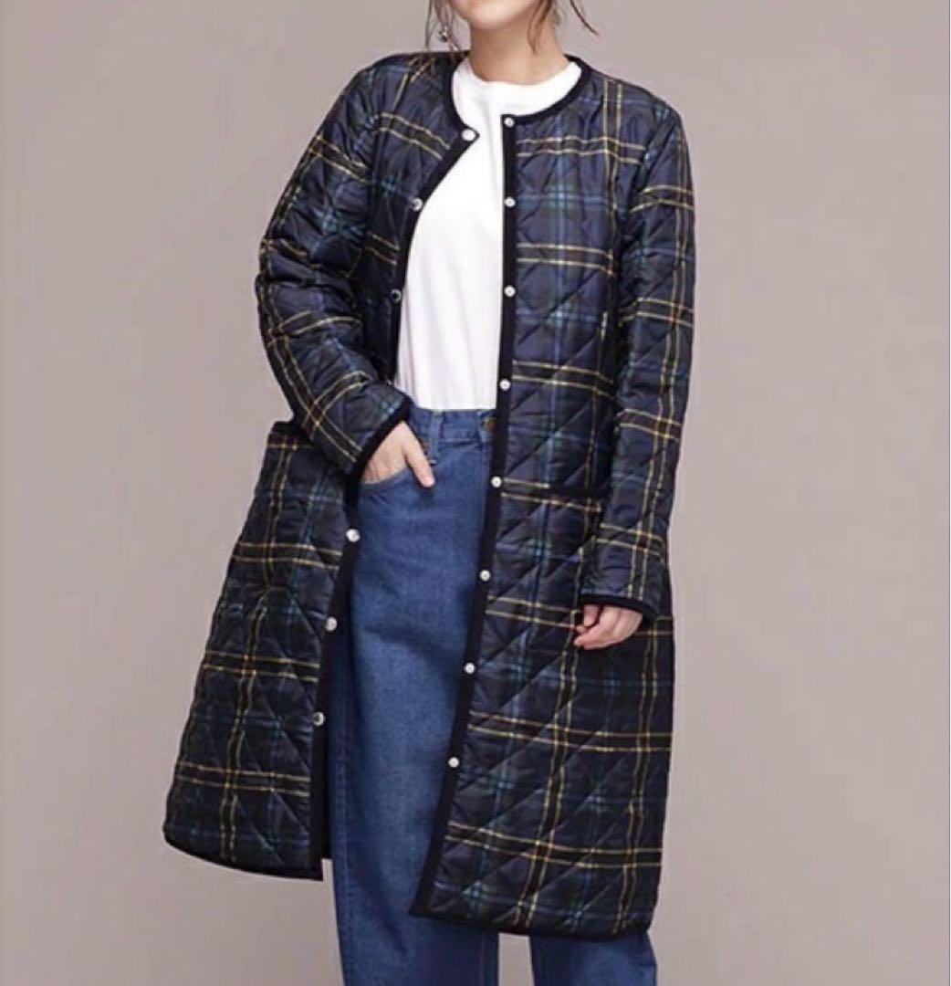トラディショナルウェザーウェア　キルティング　ロングコート　チェック　34